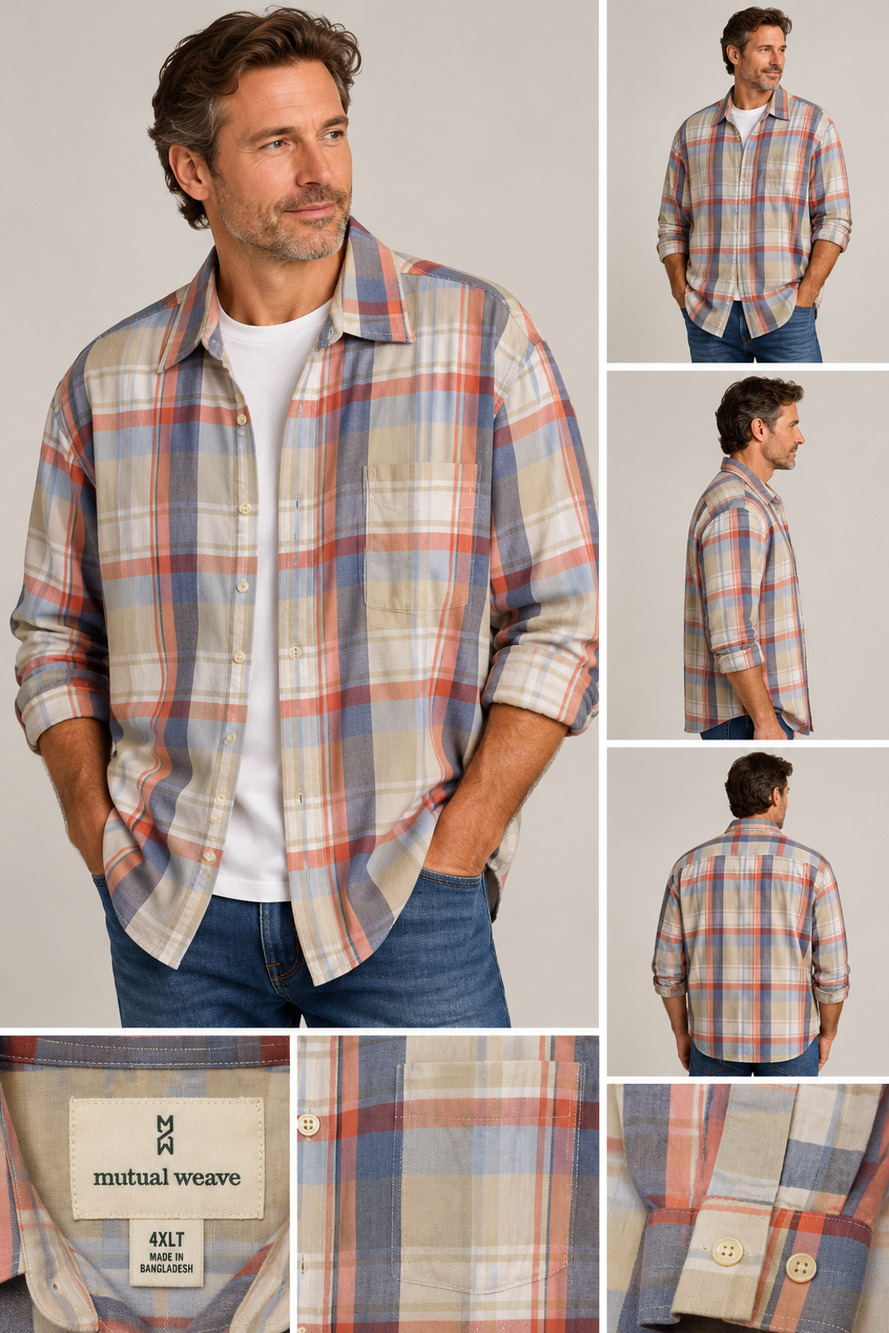 ~ Men's Big and Tall Mutual Weave Size 4XL Plaid Coral/Blue/Tan ~
